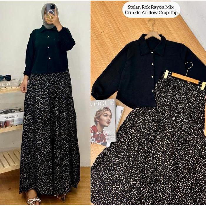 zen Assybya One Set Rok Setelan Rok Rayon Mix Crinkle Baju Muslim Wanita Dewasa Celana Rok Motif