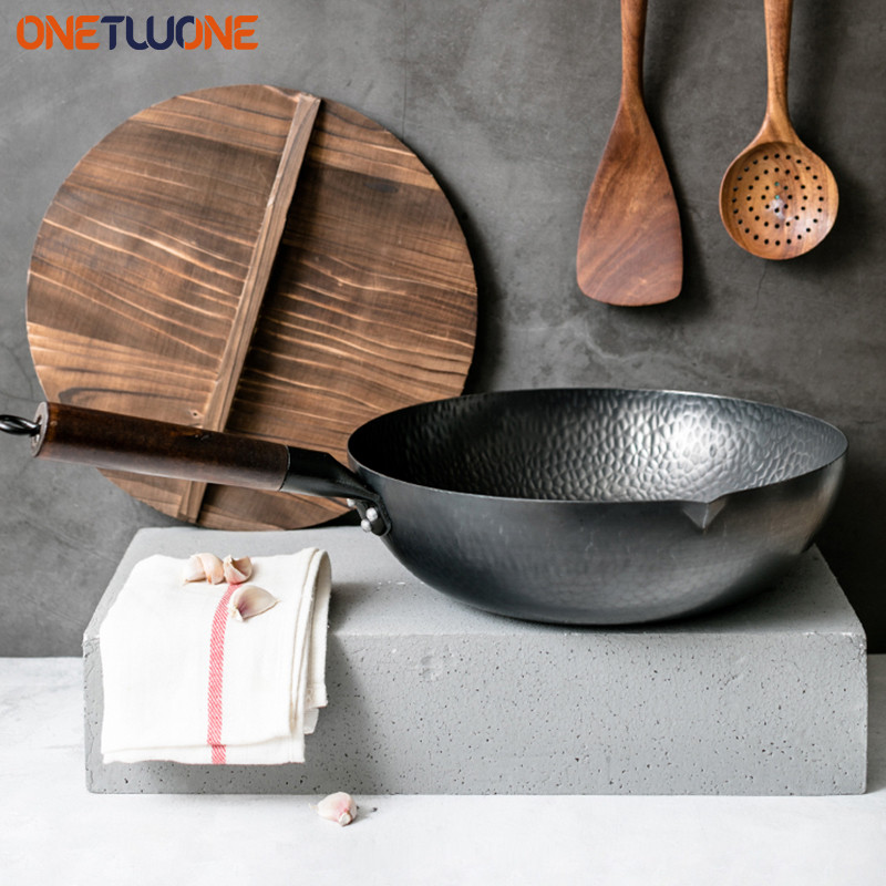 Carbon Steel Wok Pan 32cm Stir Fry Wok Set with Wooden Lid Non-Stick Flat Bottom Frying Pan for Elec