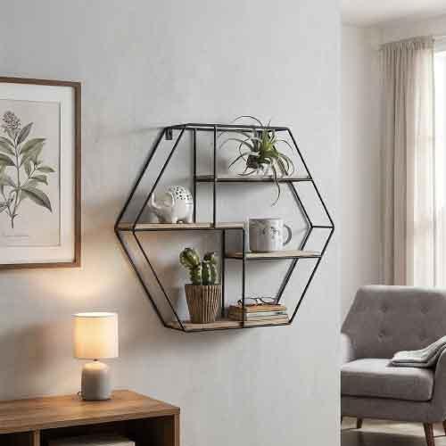 Rak Dinding Hexagon Minimalis 4 Susun Zehn YC-HL24743 Hambalan Dekorasi Dinding Besi Kayu Black