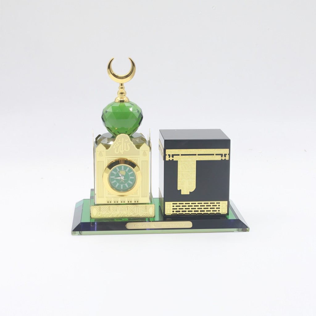 Islamic Crystal Kaaba Clock Tower Model Gilded Miniature Showpiece Religious Architecture Muslim