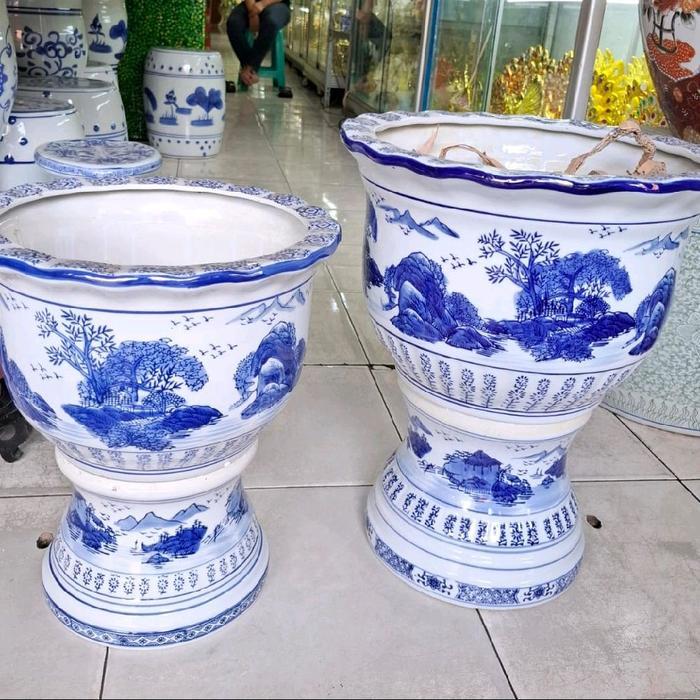 pot kaki keramik biru putih/pot bunga besar/pot tanaman