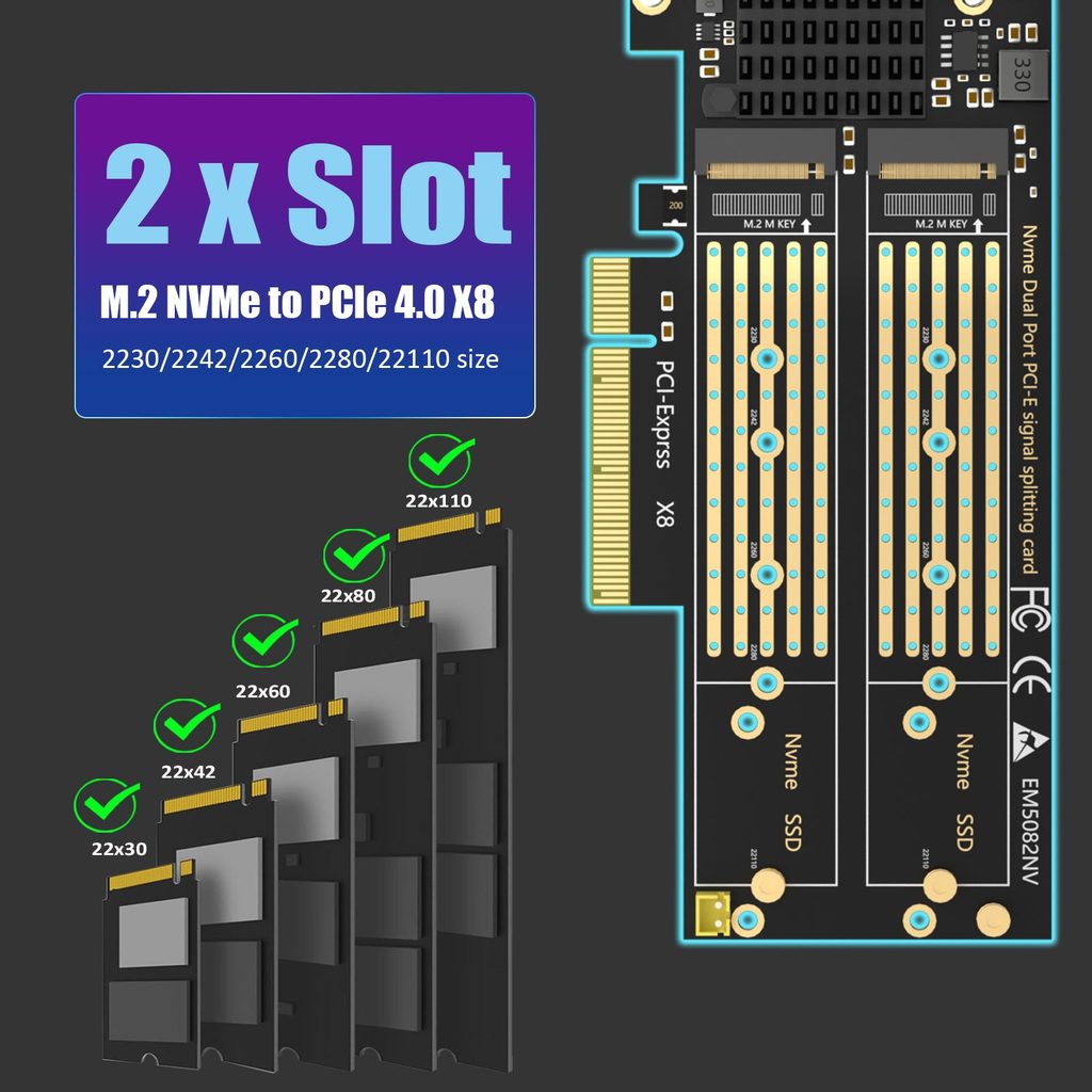 2-slot M.2 PCIe Adapter for 2 M.2 NVMe SSD, Software M.2 SSD RAID, No PCIe Bifurcation