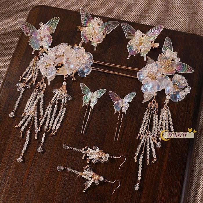 PROMO Cantik Banget Set Aksesoris Rambut Pengantin Hanfu/Xiuhe, Sisir Kupu-Kupu Berkilau dengan