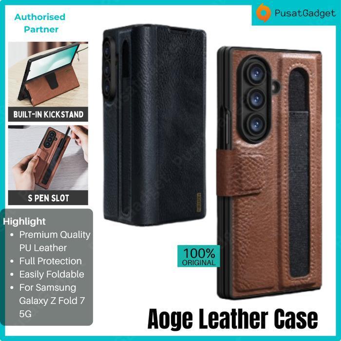 Case For Samsung Galaxy Z Fold7 Fold 7 5G AOGE Leather S-Pen Holder Stand Casing Sarung HP