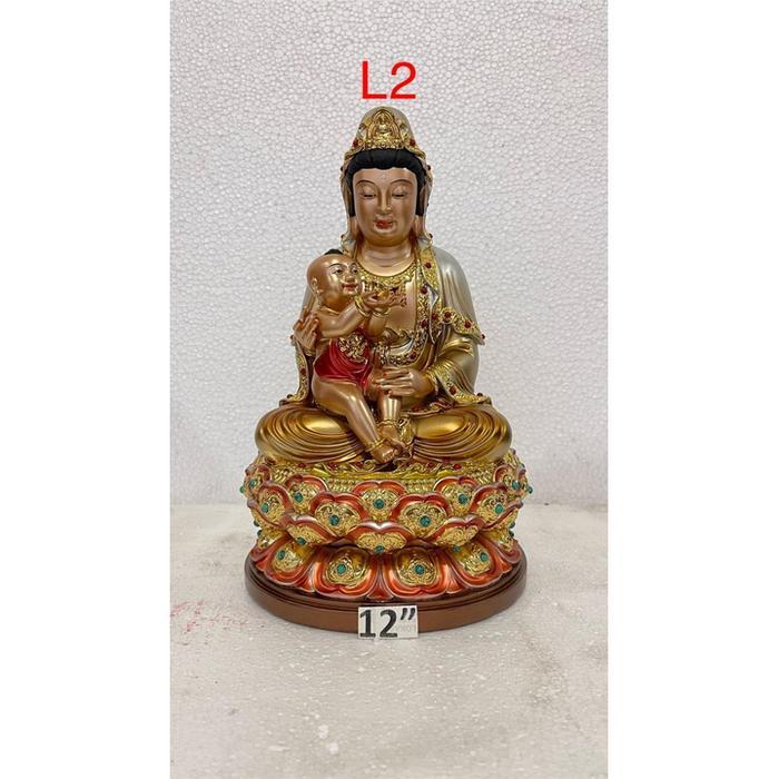 patung Dewi kwan im gendong anak / guan yin anak bahan fiber 12in L2