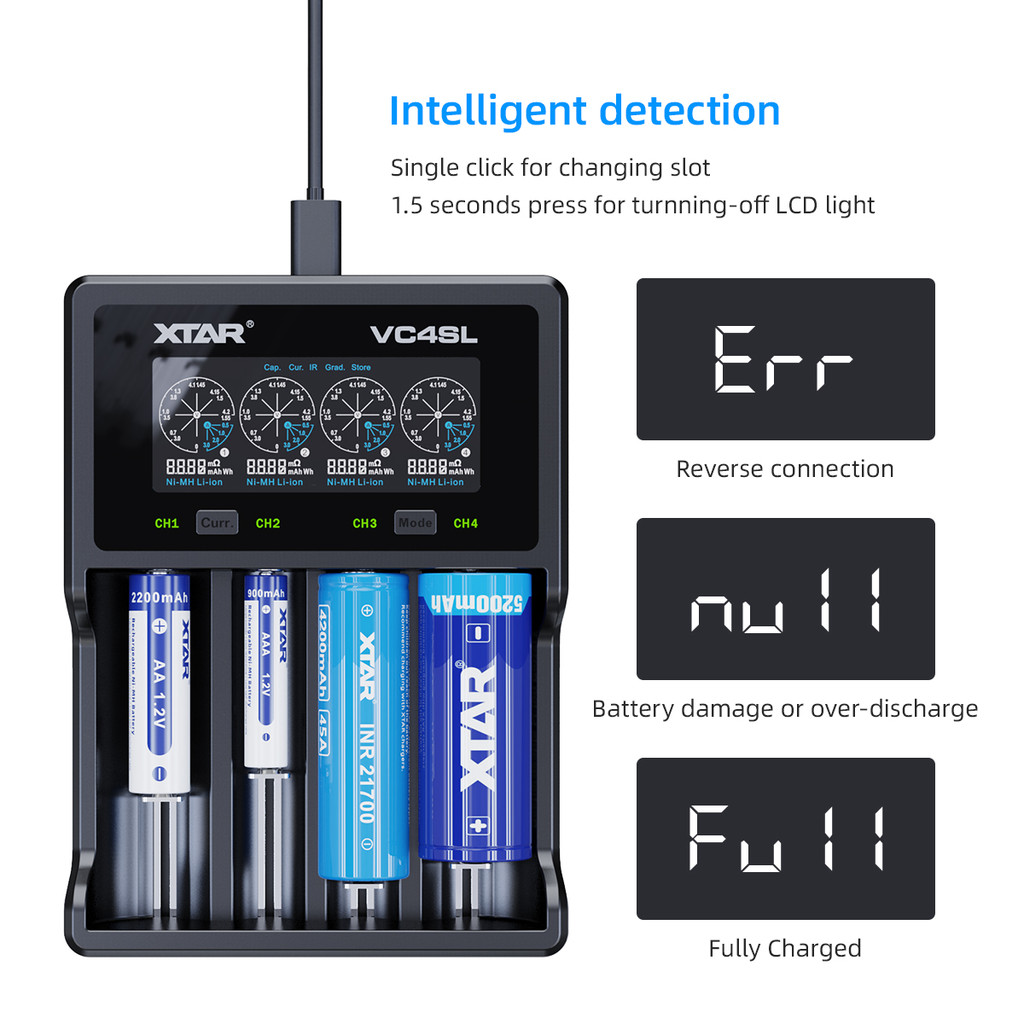 XTAR VC4SL 18650 Battery Charger USB C QC3.0 Fast Charge 1.2V Ni-MH AAA AA Batteries Rechargeable Li