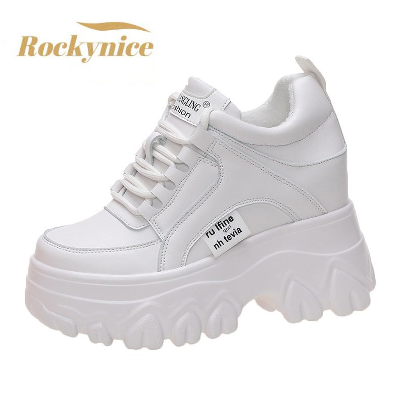 New Women Leather Platform Sneakers Spring Trainers White Shoes 9CM High Heels Wedge Outdoor Sport