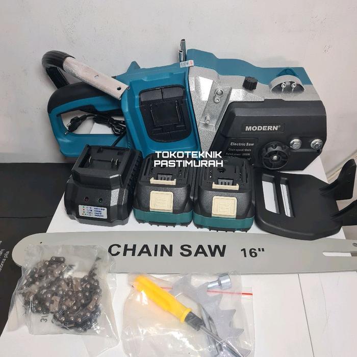 mesin chainsaw cas baterai 2 x 20V chain saw cordless charger 16in 16” gergaji kayu - Set 2 baterai