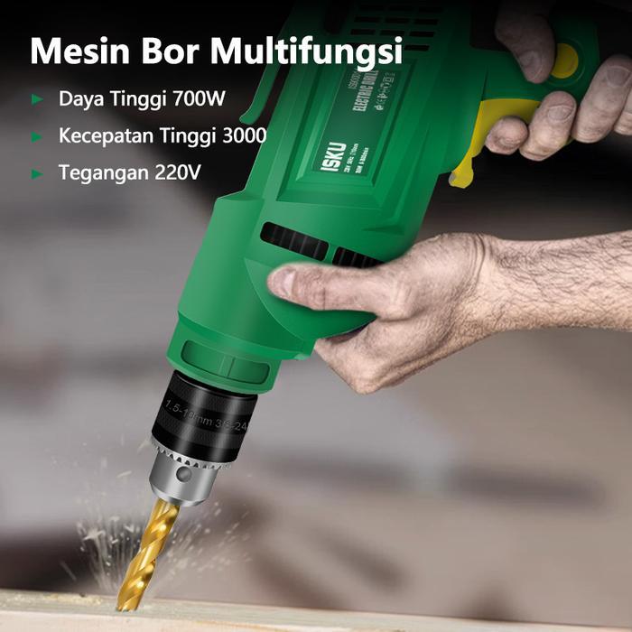 Isku Mesin Bor Listrik Tangan 10Mm 700W Bor Kayu Besi Baja Ringan Plafon Pvc Tembok Bata Electric