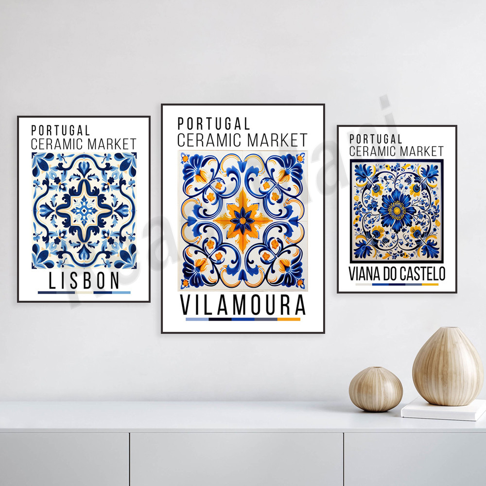 Viana do Castelo Portuguese Ceramics Market Poster, Lisbon Tile Art, Portuguese Wall Art, Blue Tile 