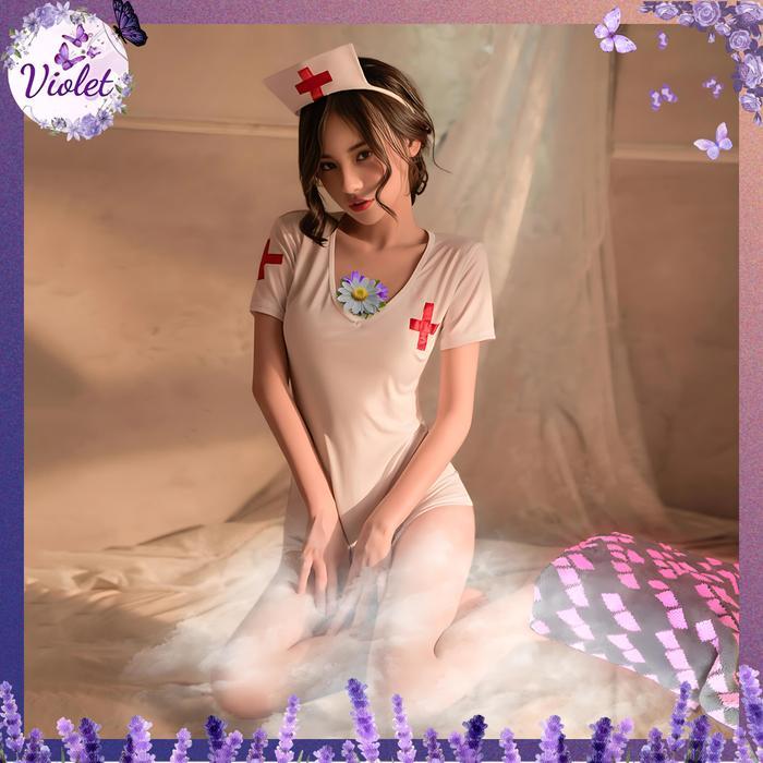 Violet Sexy Lingerie Wanita Cosplay Perawat Seragam Costume Sexy Nurse Setelan Erotis 1275