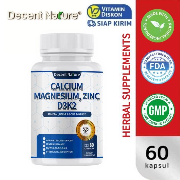 Calcium Magnesium Zinc + D3K2 Kombinasi Dukungan Kepadatan Tulang, 350mg Kalsium, 150mg Magnesium,