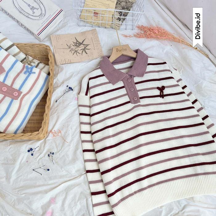 Viona Polo Sweater Knit - Rajut Atasan Wanita - Kancing Strip Pita Pasti Ori