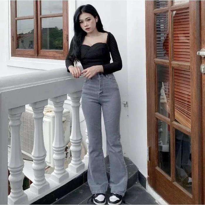Highwaist Cutbray Stretch Melar Celana Jeans Panjang Wanita Karet Hitam Karet Hitam Terlaris