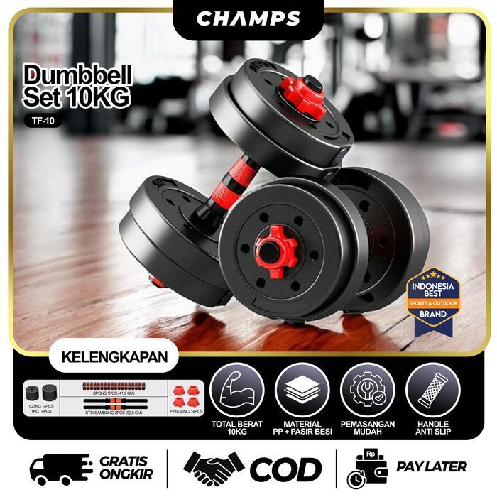 Champs Barbel 10 Kg Set Adjustable Olahraga Angkat Beban Mudah Dilepas Pasang #Gratisongkir