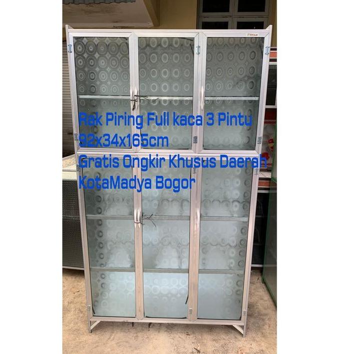 New Lemari Rak Piring FULL Kaca 3 pintu Alluminium Khusus BOGOR dan DEPOK Untuk Dapur