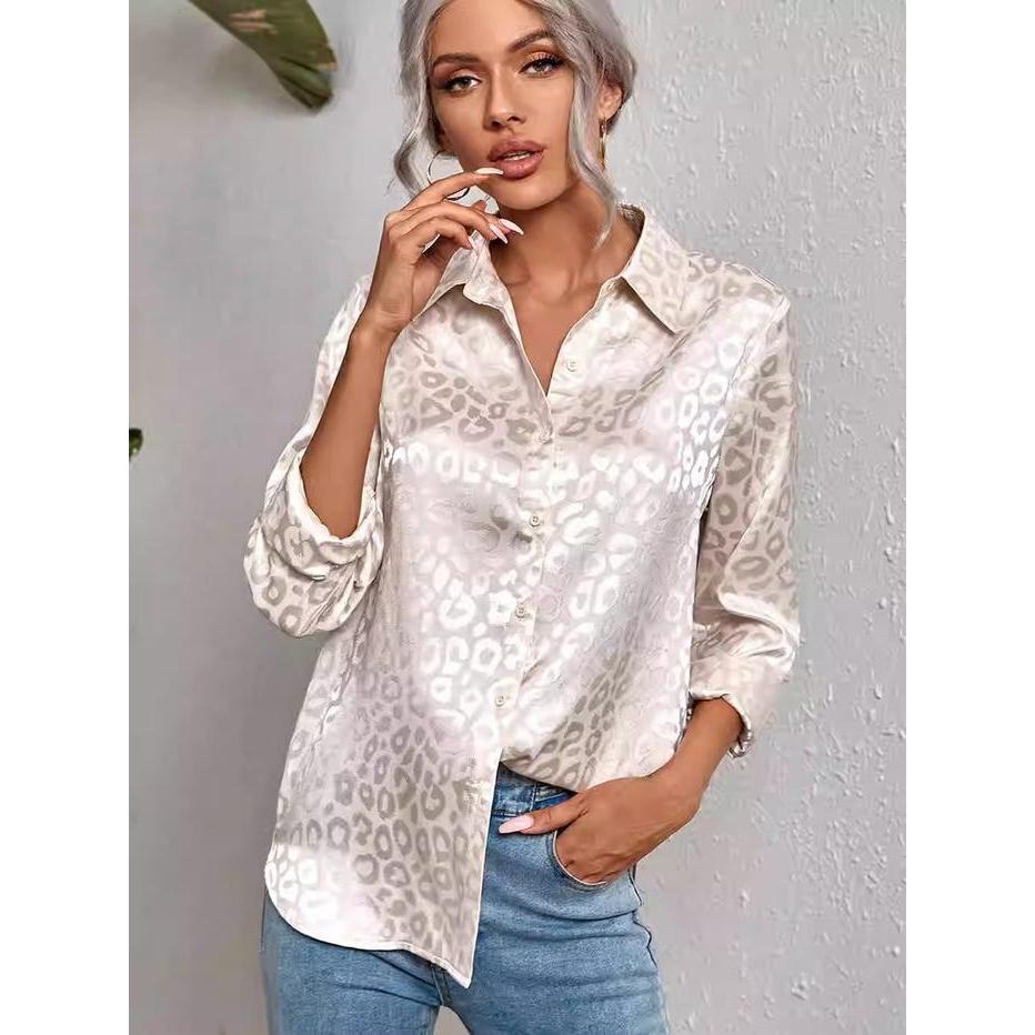 Best Seller 99029 Kemeja Wanita Satin Enam Warna, Motif Macan Tutul Tiga Dimensi, Atasan Panjang