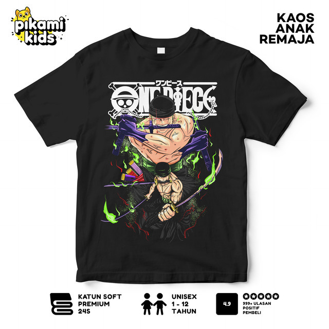 PIKAMI Kaos Distro Anak One Piece Zoro Produk Unggulan - Baju Anak One Piece Hitam
