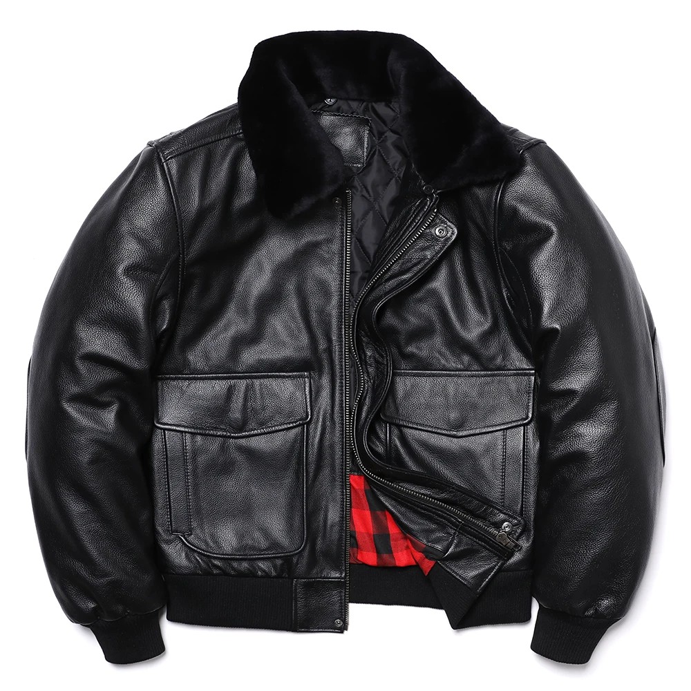 G1 Style Wool Collar Air Force Flight Jacket Natural Cowhide Genuine Leather Pilots Coat Thicken