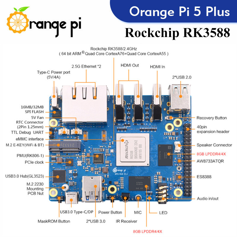 Orange Pi 5 Plus Single Board Computer RK3588 PCIE Module External WiFi-BT SSD 8K Orange Pi5 Plus