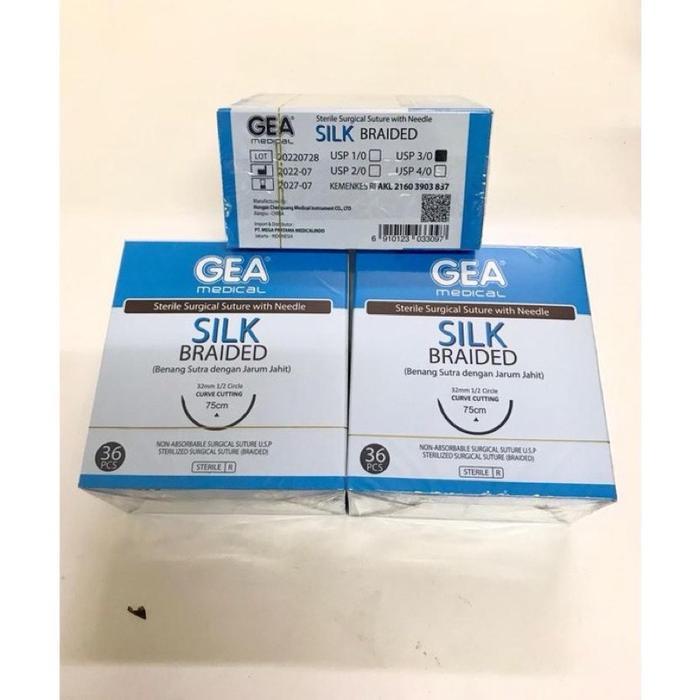 Benang Jahit Silk Gea + Jarum Gea Benang Sutra Dengan Jarum Jahit 2/0 3/0 Diamond Medical