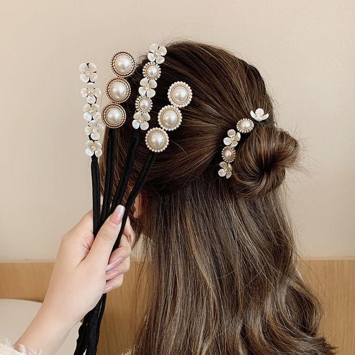 Ikat Rambut Sanggul Jepit Wanita Modern Simple Korea Elegan Hair Bun Motif Mutiara Diamond Kunciran