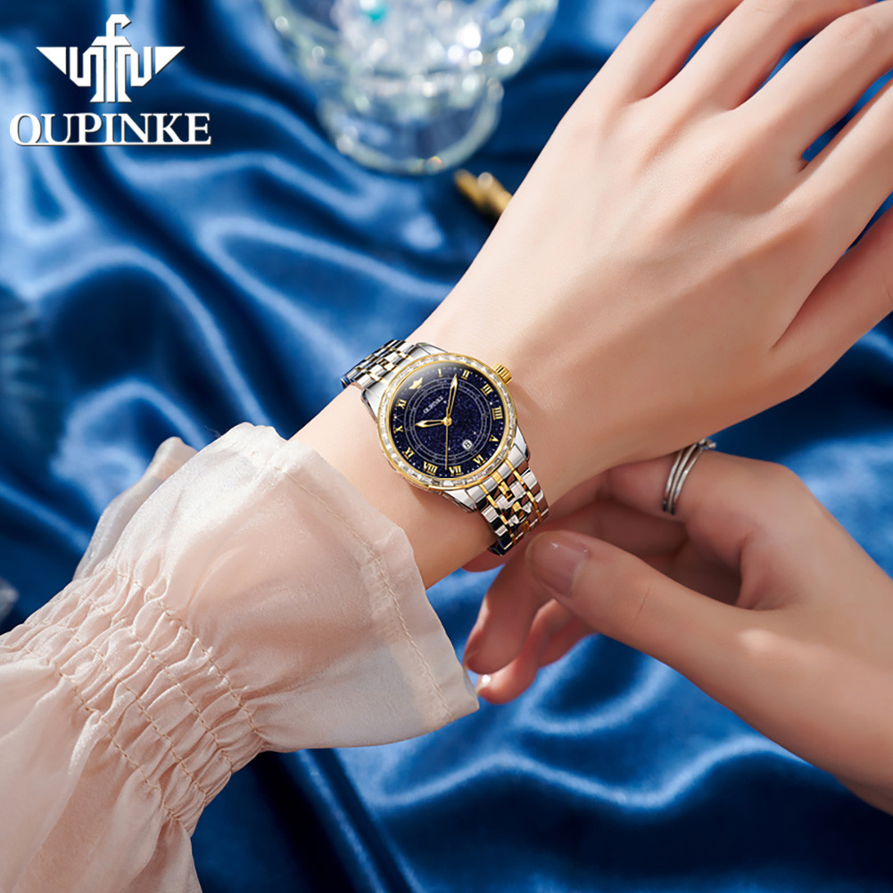 OUPINKE 3203 Elegant Women's Watch Starry Luminous Dial Automatic Mechanical Watch Women's Set Gift