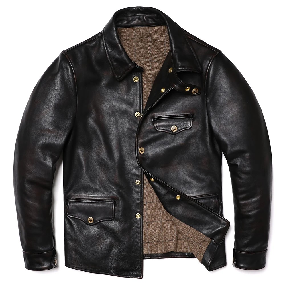 Classical Brakeman Retro Natuarl Bicolor Horsehide Leather Jacket Men's Genuine Leather Vintage