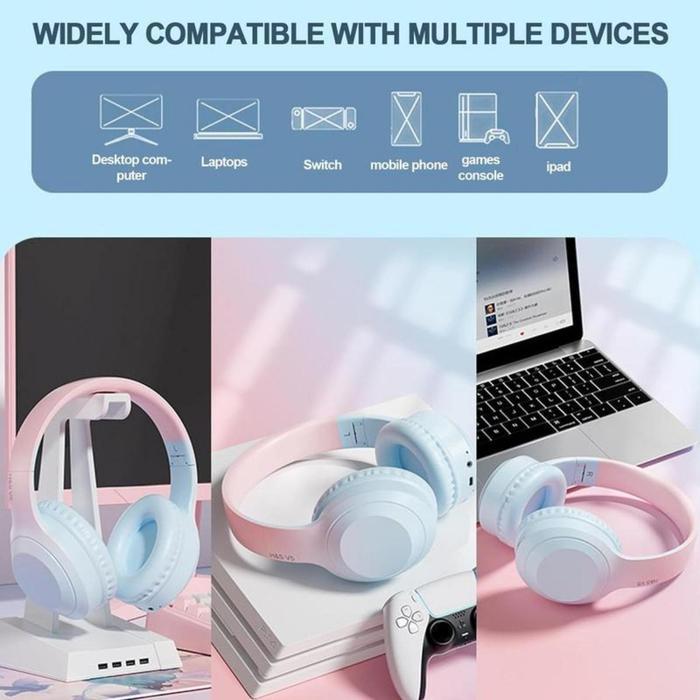 Wireless Headphone Bluetooth Gradient Color Headset Stereo Hifi Bass Pink Biru Earphones Ponsel Redy