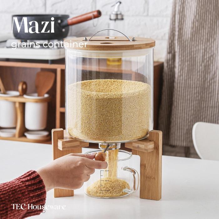 TECMAZI Rice Dispenser Tempat Penyimpanan Beras Wooden Rice Dispenser Dispenser Beras Kayu Tempat