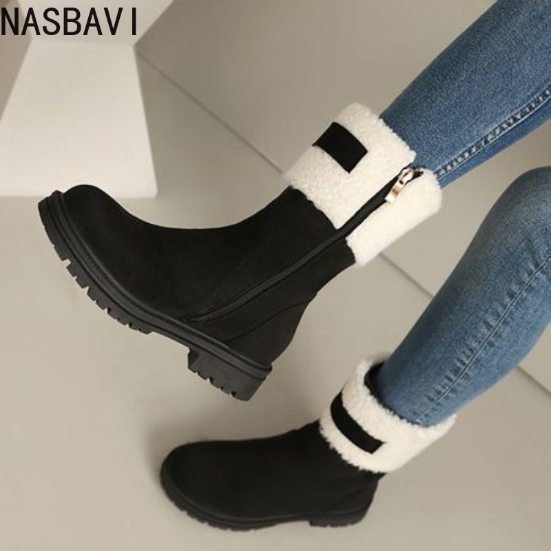 Women Mid Calf Boots Round Toe Flats Flock Suede Zipper Mixed Color Plus Size 46 47 48 Warm Winter