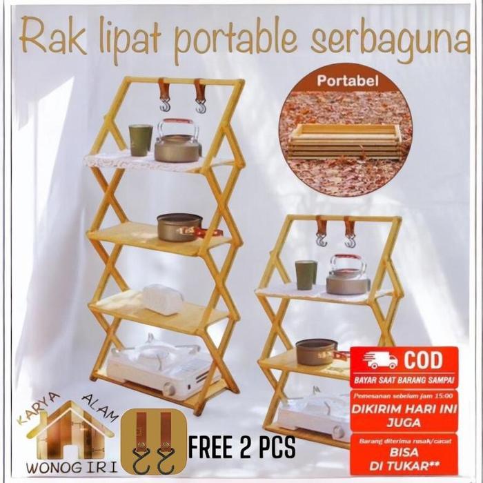 Rak Lipat Luar Penyimpanan Camping Piknik Ruangan Rak Lipat Meja Lipat Kayu 3/4 Susun Lapisan