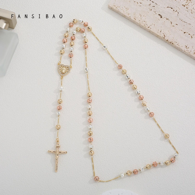 FanSibao tricolor diagonal prayer beads cross Virgin Mary pendant necklace copper necklace ladies