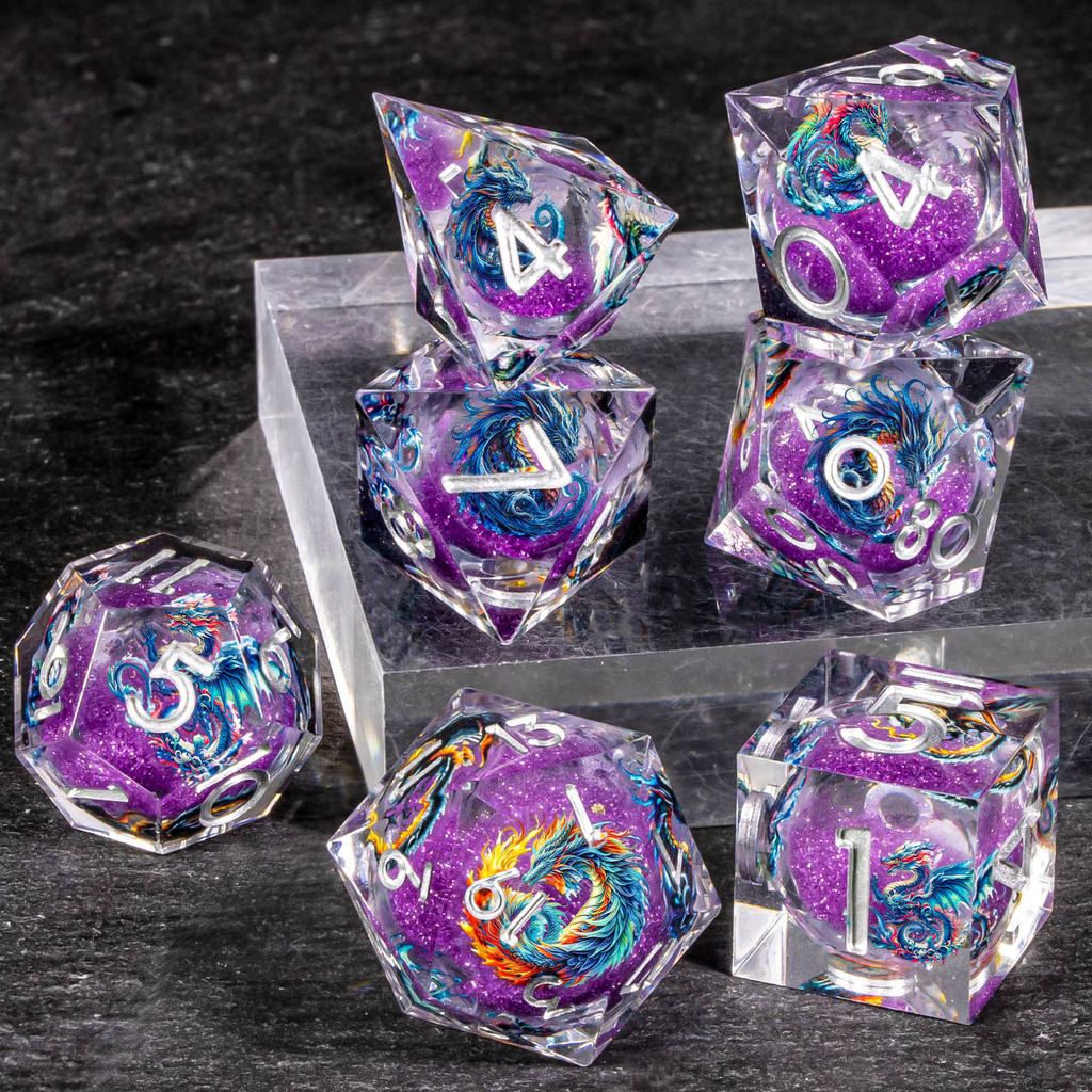 DND Dragon Liquid Core Dice Set, 7Pcs Sharp Edge Dice Set Dungeon and Dragon, Purple Handmade Resin