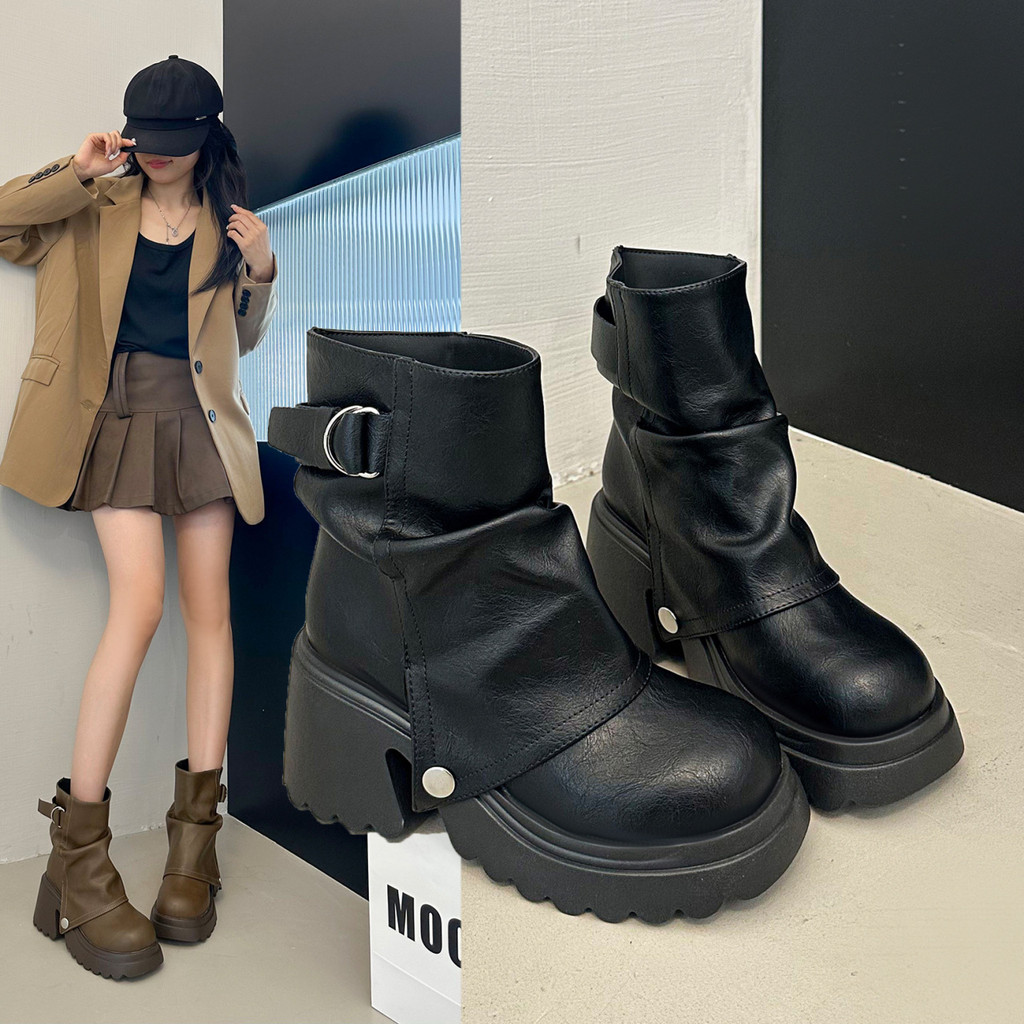2025 New Folded round Head Thick Heel British Style Tube Boots Spring Summer Chunky Heel Fashion Boo