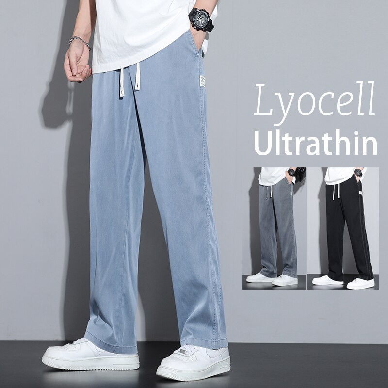 Summer Soft Lyocell Fabric Men's Jeans Thin Loose Straight Pants Drawstring Elastic Waist Korea