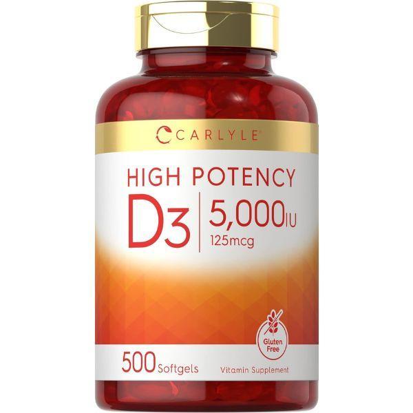 Carlyle Vitamin D3 5000 IU 125mcg 500 Softgels Suplemen Kesehatan Non-GMO Gluten Free Formula Tinggi