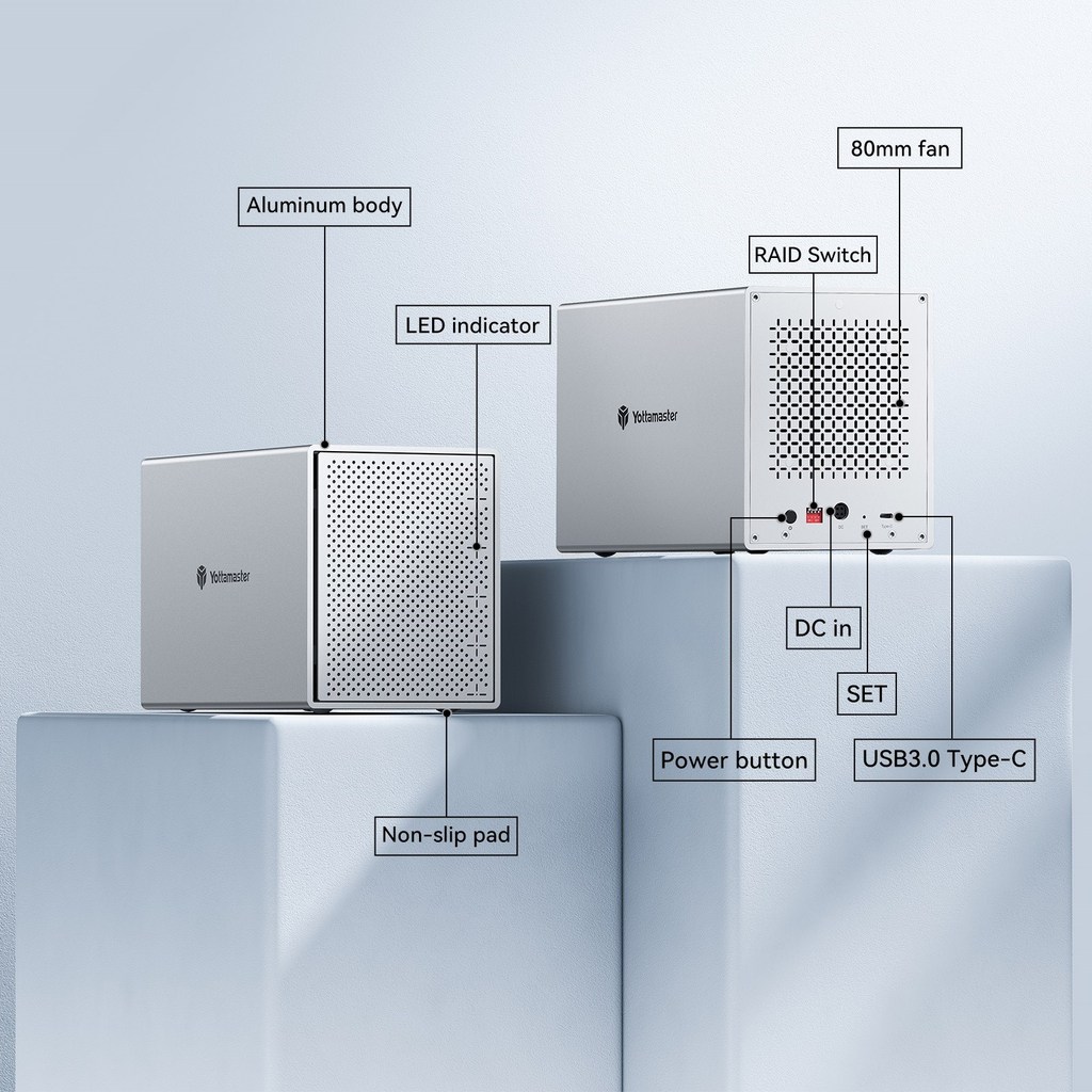 Yottamaster Aluminum 4-slot 2.5" 3.5" RAID Enclosure 4 Bay USB3.0 to SATA3.0 External HDD Array
