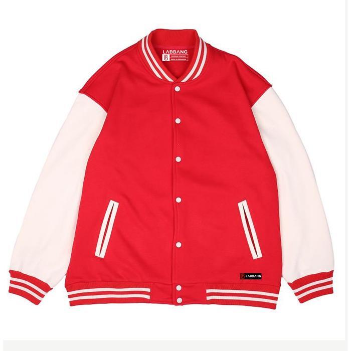 Labbang Jacket Varsity Baseball Merah Putih Pria Wanita Cotton Fleece Premium