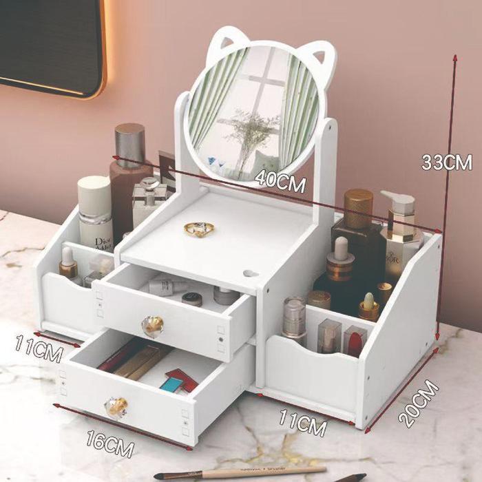 Rak Kosmetik Cermin Telinga Kucing 2 Laci Vintage Rak Kosmetik Cermin Kayu Ringan dengan Cermin