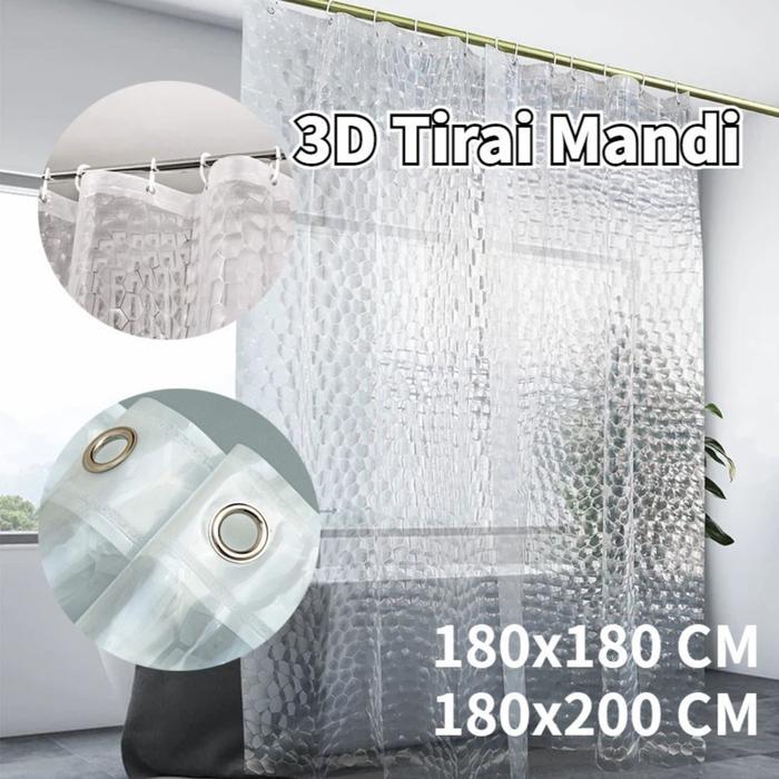 Tirai Kamar Mandi 3D dengan 12 Kait Tirai Mandi 180X200Cm/Tirai PVC Tirai Mandi Kubik Transparan