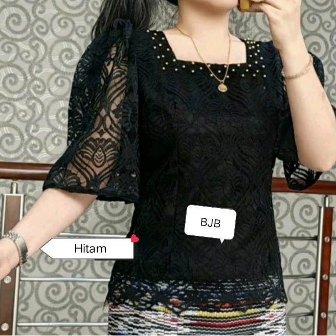 Blouse Kebaya Brokat Mewah Tangan Kembang Premium Baju Hitam Atasan Wanita Masa Kini Seragam Pesta