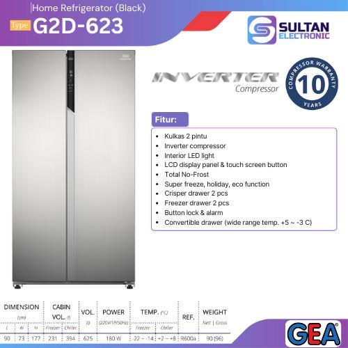 GEA Home Refrigerator Inox (Grey) / Black G2D-623 / G2D 623 / G2D623 Kulkas Rumahan 2 Pintu