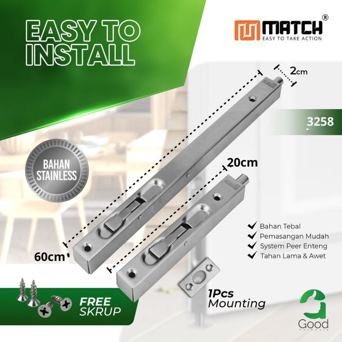 Grendel Tanam Stainless 24 Inch 60cm Slot Tanam Panjang Tebal Set Atas Bawah Pengunci Pintu