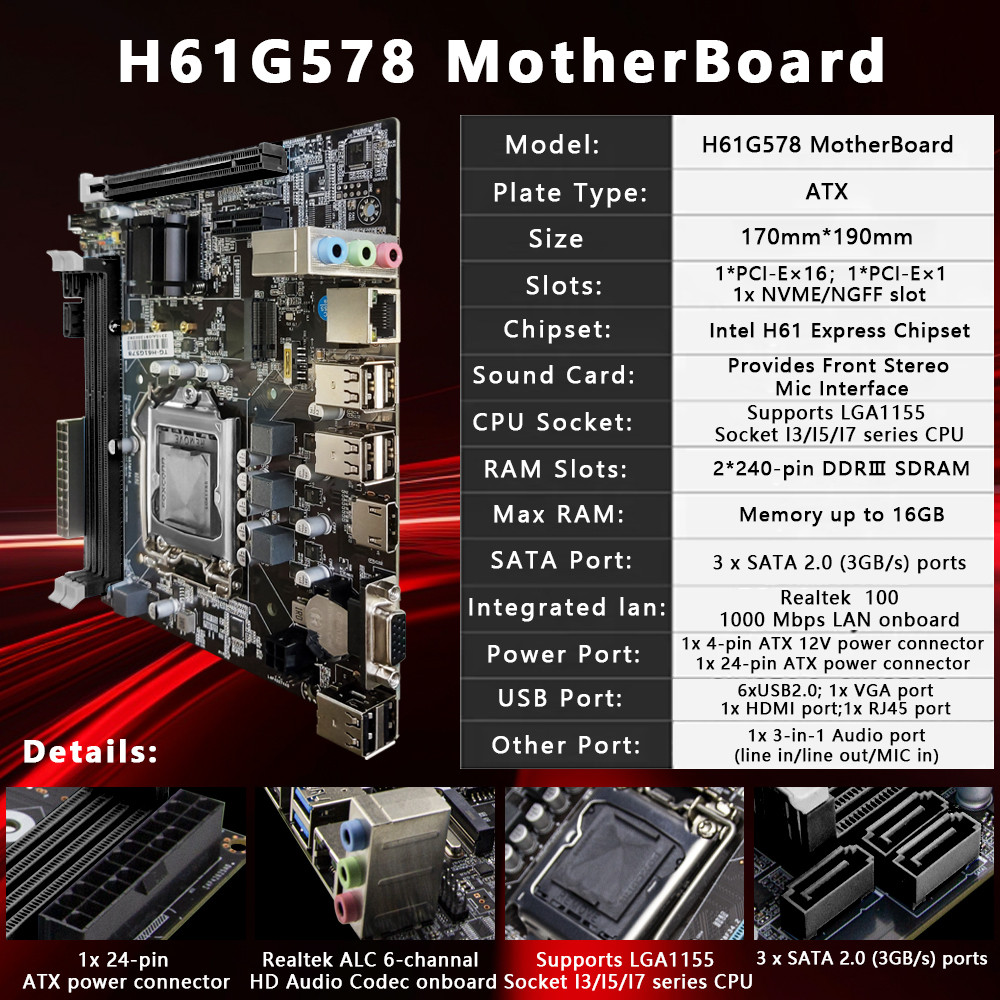 AIBOMAN Motherboard H61 LGA 1155 DDR3 H61 Mainboard Support Nvme Gaming Office ATX Computer DDR3 RAM