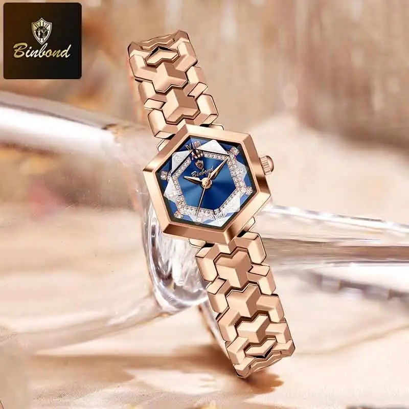 BINBOND Fashion Elegant Women Quartz Watch Rhombus Mirror Waterproof Wristwatch Luminous Diamond