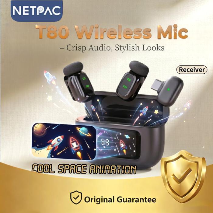 NETPAC T80 Wireless Microphone 2 Lavalier Mic Plug Play untuk HP Kamera Live Streaming YouTube/Vlog