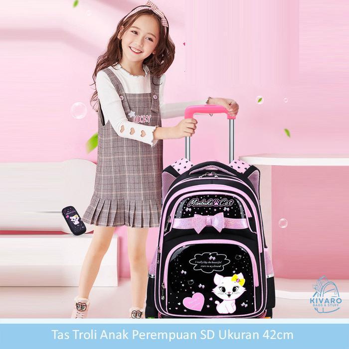 Tas Troli Roda Anak Perempuan SD Bisa Lepas Pasang Cat Black Pink Dapat Slingbag & Kotak Pensil