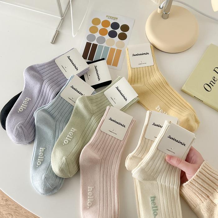 Laviola - Kaos Kaki Fashion Wanita Polos Motif Hello Warna Pastel Biru Cream Hitam Kuning Pink Garis