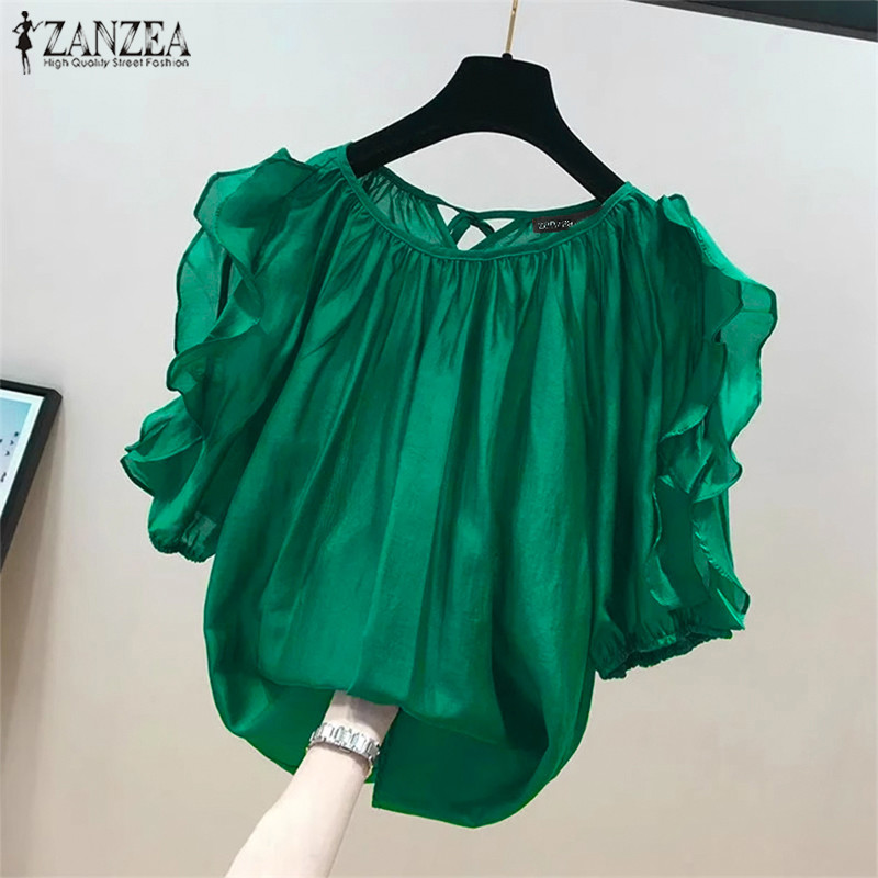Atasan Wanita Zanzea Lengan Pendek Bahu Terbuka dengan Ruffle dan Straps Belakang, Tunik Longgar unt